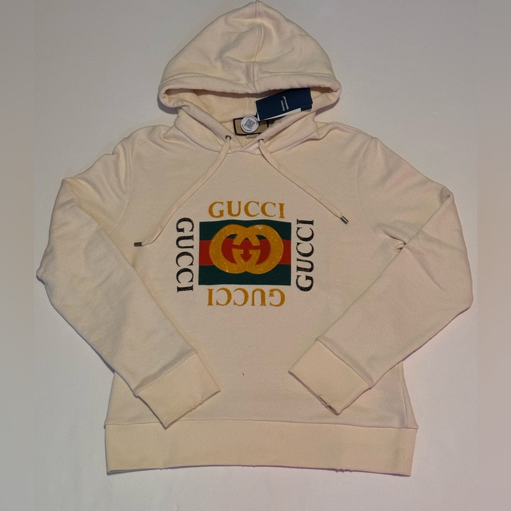 Gucci Mens GG Box Logo Hoodie Size Large Distressed Sweatshirt MSRP $1,350